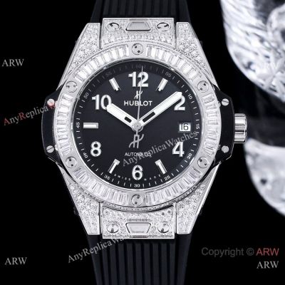 New! Swiss Replica Watches Hublot One Click White Pave Diamond Black Dial Watch